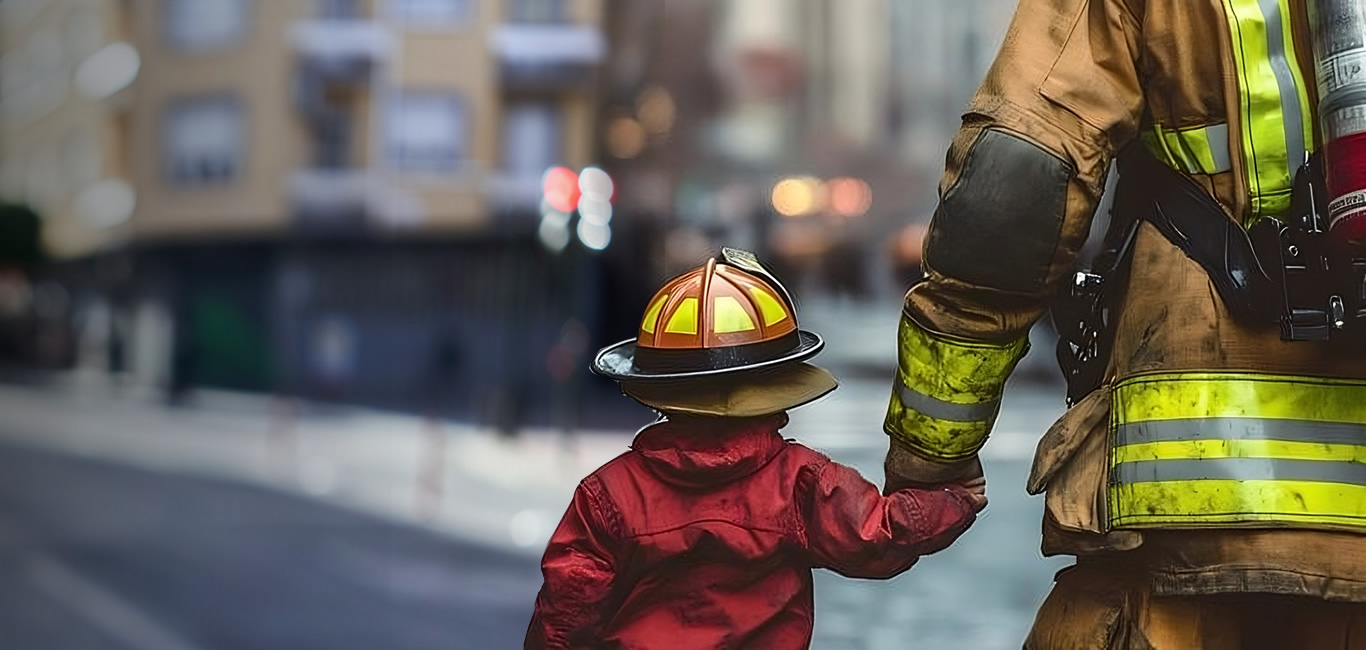 A child in a red jacket and safety orange fire helmet is holding hands with a firefighter in full turnout. They are seen from behind against an out-of-focus background.